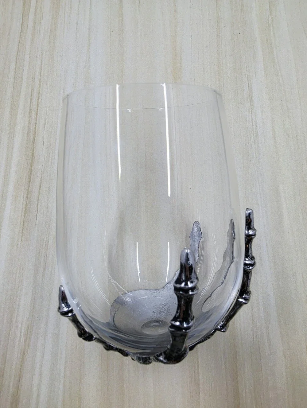 Pottery Barn Silver Skeleton Stemless Wine Glass Hand Blown Halloween 14oz